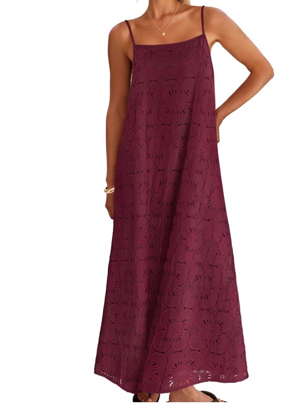 Sleeveless Burgundy Eyelet Maxi Dress - Women